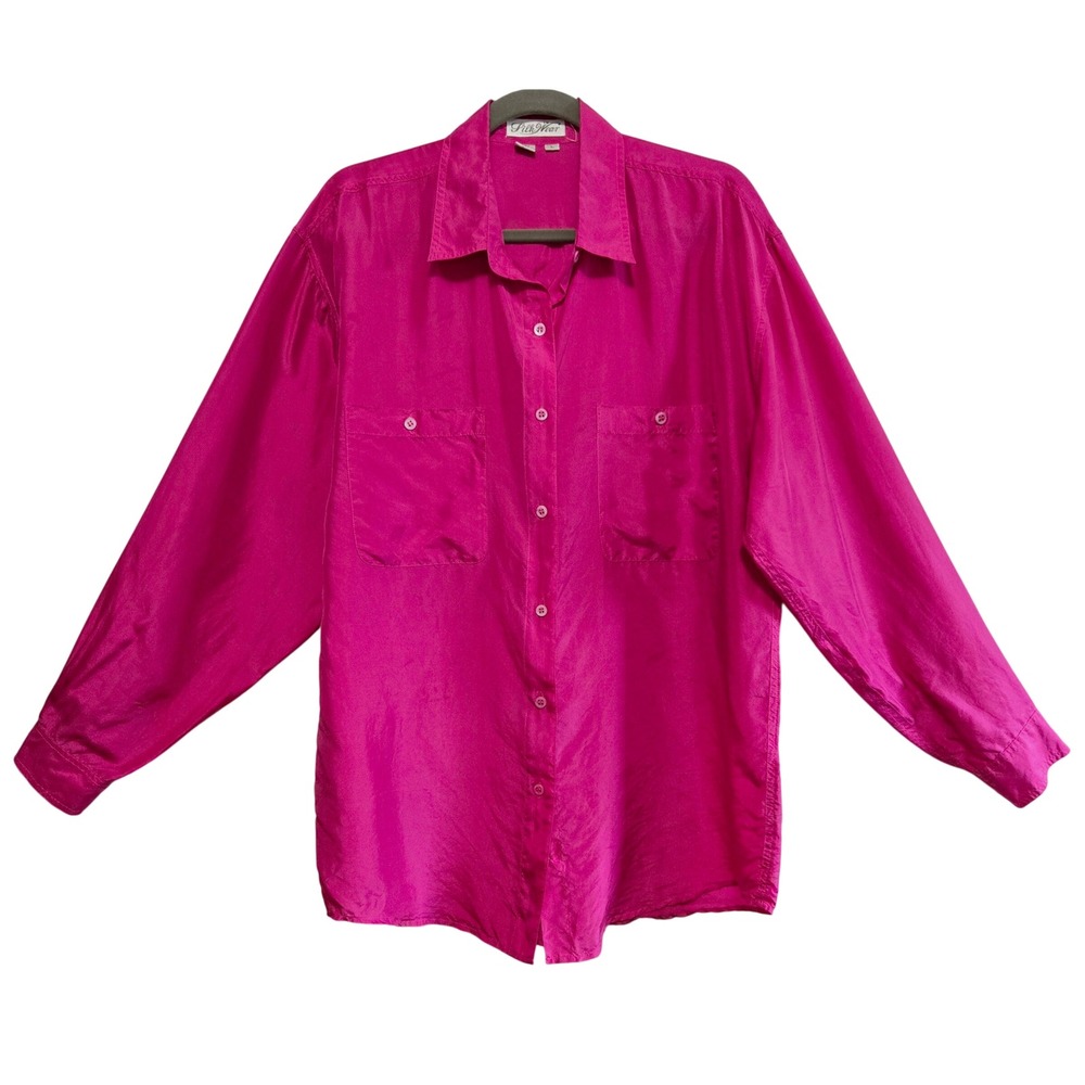 SilkWear Vintage Hot Pink 100% Silk Chic Button Down Blouse Long Sleeve Top L